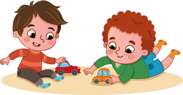 bildbanksillustrationer, clip art samt tecknat material och ikoner med småpojkar som leker med leksaksbilar. - house with 2 cars