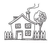 Hand-drawn vector drawing of a Little Cartoon House. Black-and-White sketch on a transparent background (.eps-file). Included files are EPS (v10) and Hi-Res JPG.