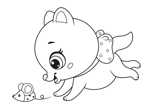 Little cat playing with toy mouse coloring page Little cat playing with toy mouse coloring page cute cat coloring pages stock illustrations