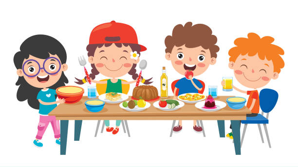ilustrações de stock, clip art, desenhos animados e ícones de little children eating healthy food - pizza table