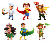 Little children in costumes. Superheroes, cook, pilot, scout. Comic character, 3d vector icon set