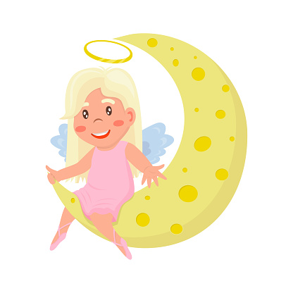 Little cute angel girl in pink dress sitting on the moon and waving hand in cartoon style