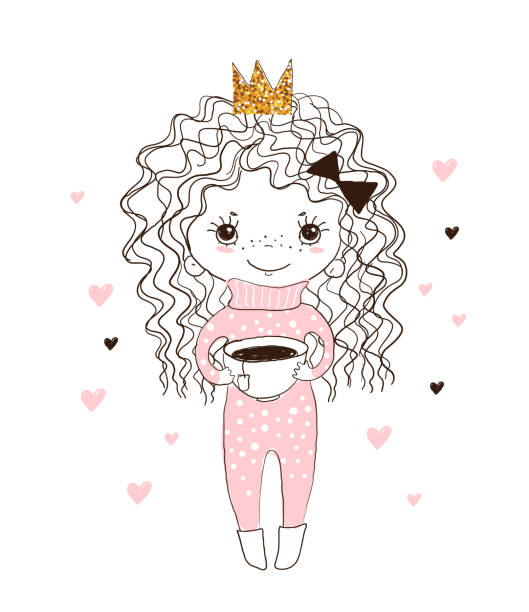 маленькая милая принцесса в короне в пижаме держит в руках большую чашку. эскиз руки. кудрявая девушка стоит с выпивкой. персонаж для пригла - curley cup stock illustrations