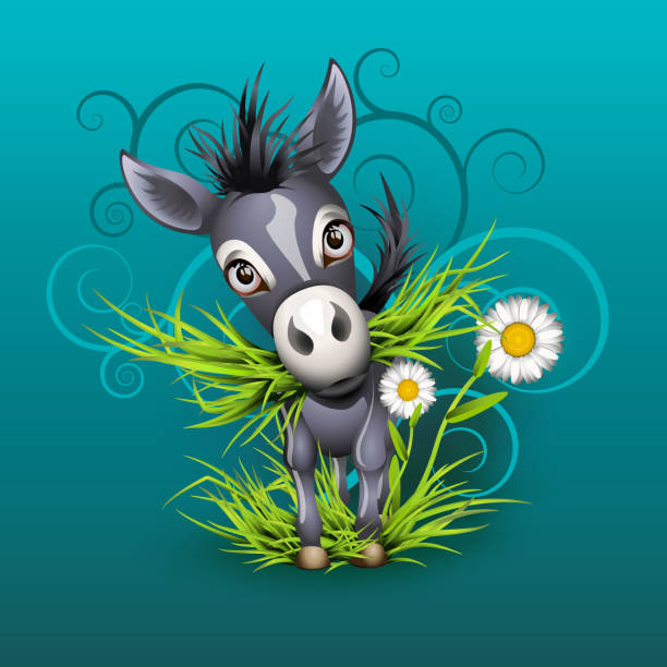Little donkey in green grass vector art illustration