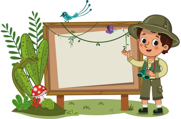 A little explorer standing in front of an empty display board. A little explorer standing in front of an empty display board. Vector illustration. adventure borders stock illustrations