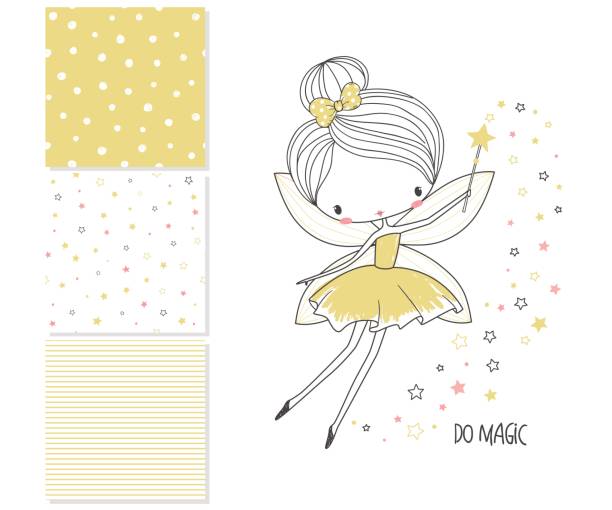 Little fairy. Surface design and 3 seamless patterns Little fairy. Surface design and 3 seamless patterns. Graphic for kid's clothing. Use for print design, surface design, fashion kids wear fairy stock illustrations