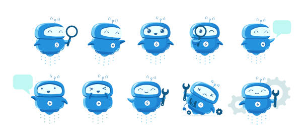 Little flying Robot mascot character set. Support service-center. Chat bot. Search with magnifying. For all tasks. Cartoon vector illustration. Little flying Robot mascot character set. Support service-center. Chat bot message. Search with magnifying. For all tasks. Cartoon vector flat illustration. robot clipart stock illustrations