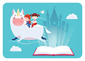 vector illustration of little girl and boy riding on unicorn with book