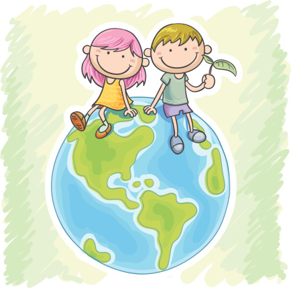 Little girl and boy sitting on the globe