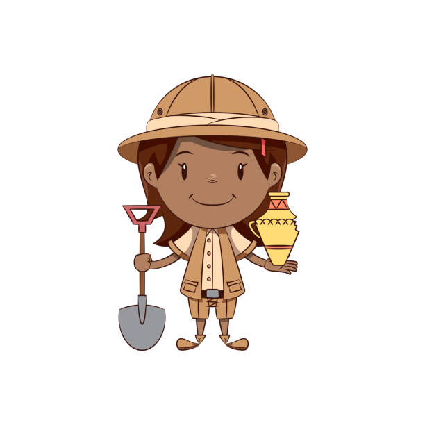 kleines mädchen archäologe, glücklich süßes kind - archäologe stock-grafiken, -clipart, -cartoons und -symbole