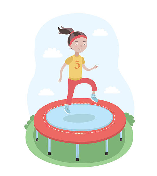 Little Girl Are Jumping On The Trampoline Vector colorful  illustration of little girl are jumping on the trampoline on the meadow clip art of kid jumping on trampoline stock illustrations