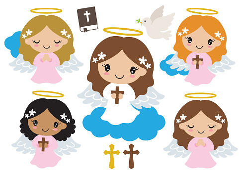 Little Girl Baptism Angels Praying and Holding Cross Vector Illustration.