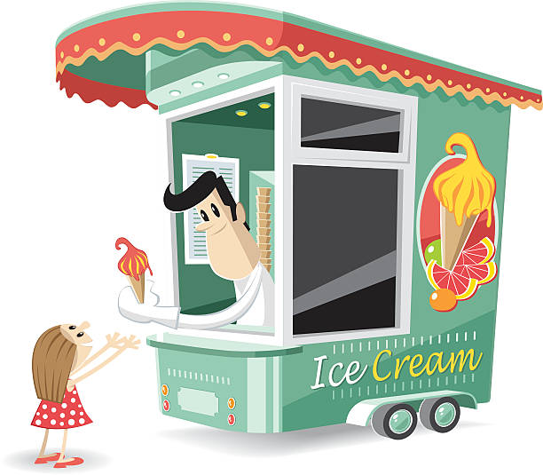 ilustraciones, imágenes clip art, dibujos animados e iconos de stock de niña pequeña comprar su helado - ice cream truck