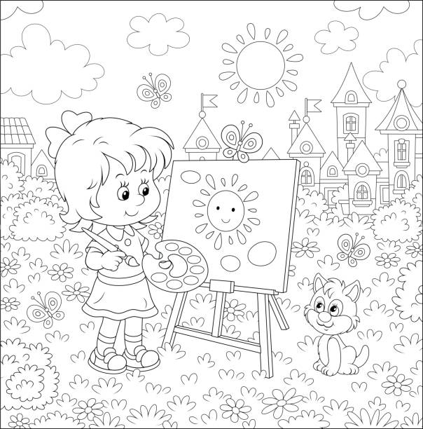 Little girl drawing the Sun and clouds Cute happily smiling small child painting landscape on her easel in a summer park of a pretty small town on a wonderful sunny day, black and white vector illustration in a cartoon style for a coloring book page cute cat coloring pages stock illustrations