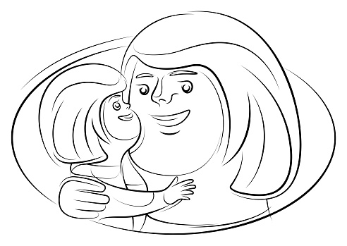 little girl embracing mother line drawing