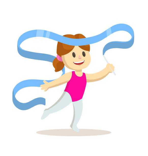 体操リボンで運動する小さな女の子。子供のスポーツ、トレーニング。漫画のフラットベクターイラスト。白い背景に隔離されています。 - 新体操点のイラスト素材／クリップアート素材／マンガ素材／アイコン素材