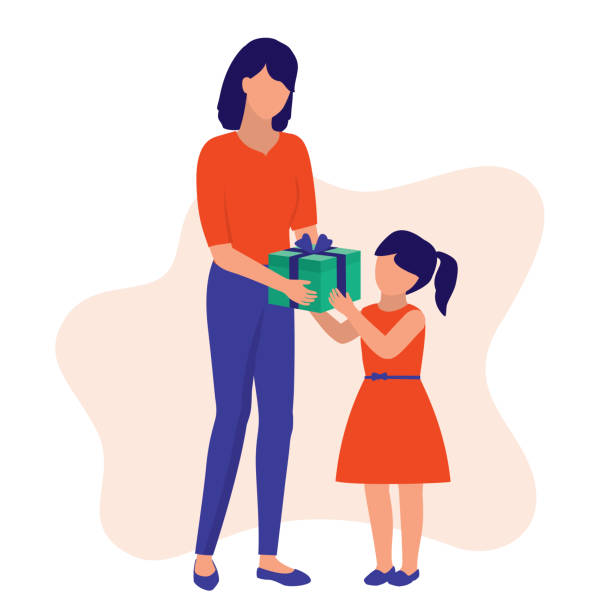 Little Girl Giving Her Mom A Gift. Family Celebration And Happy Mother's Day Concept. Vector Illustration Flat Cartoon. Happy Mother Receiving Gift From Her Daughter. mother clipart stock illustrations