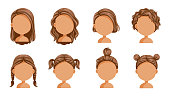 Little girl hair set. face of a little girl. beautiful  hairstyle. child  modern fashion for assortment. long , short , curly hair. salon hairstyles and trendy haircut. vector icon set isolated