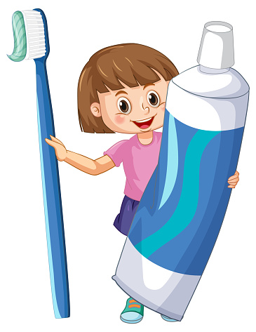 A little girl holding toothpaste and toothbrush on white background