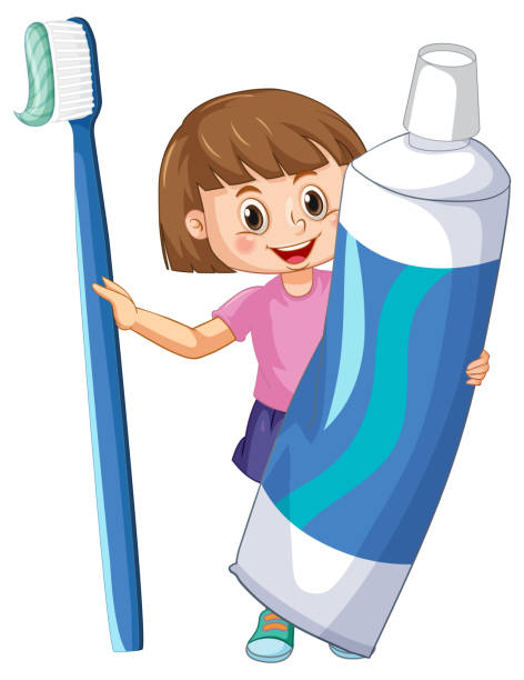 A little girl holding toothpaste and toothbrush on white background vector art illustration