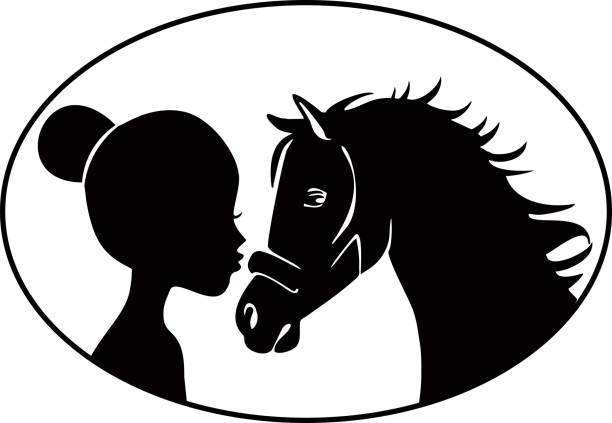 Little girl kissing horse vector art illustration