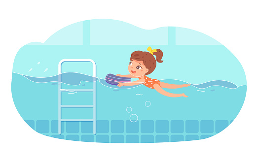 Little girl learning to swim in swimming pool. Child holding board in blue water vector illustration. Swimmer exercising in class, ladder nearby. Little happy kid in swimwear