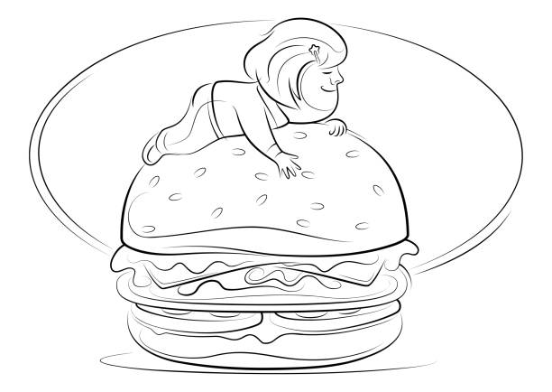 little girl lying on big hamburger line drawing vector illustration of little girl lying on big hamburger big fat girl drawing stock illustrations
