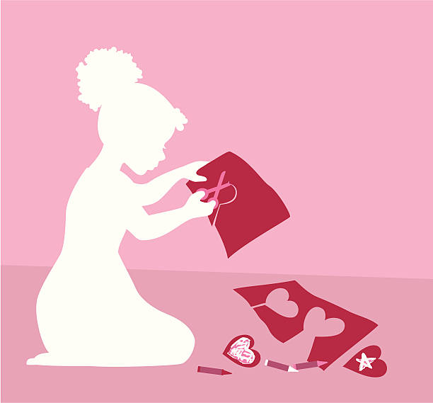 Little girl making Valentine's cards Vector silhouette illustration of a little girl making Valentine's Day cards for all the people she loves. She is cutting hearts out of craft paper and decorating them with pink and white crayons. african american valentine stock illustrations