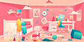Messy bedroom of little girl with spider web on ceiling, scattered toys, clothes, pencils and crumpled paper, torn picture on dirty walls, drawn, stained table and floor cartoon vector illustration