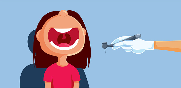Little Girl Opening Big Mouth at the Dentist Vector Funny Cartoon Illustration