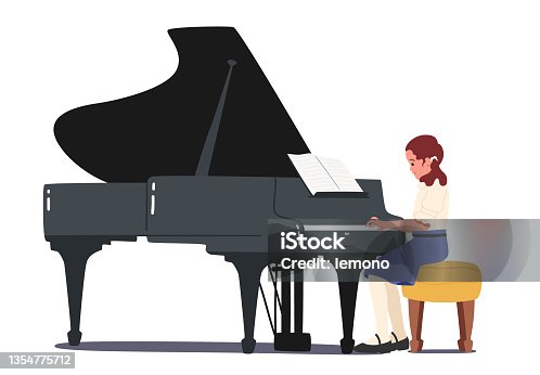 istock Little Girl Pianist Playing Musical Composition on Grand Piano for Symphonic Orchestra or Opera Performance on Stage 1354775712