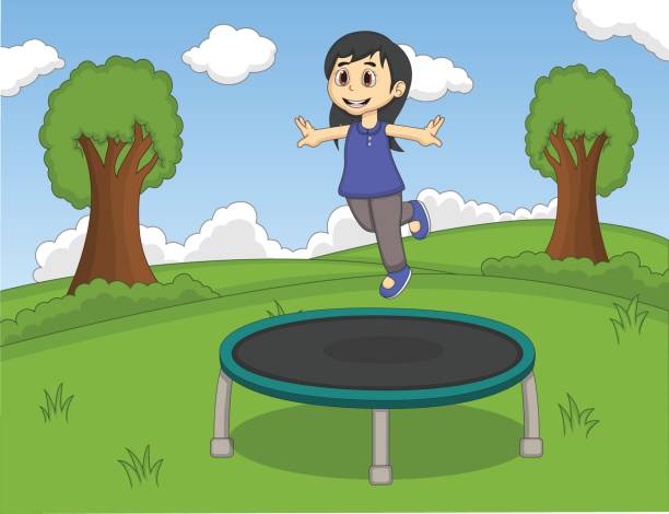 Little girl playing trampoline at the park cartoon Little girl playing trampoline at the park cartoon - full color clip art of kid jumping on trampoline stock illustrations