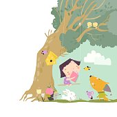 Little Girl reading Book with Cute Animals. Vector Illustration