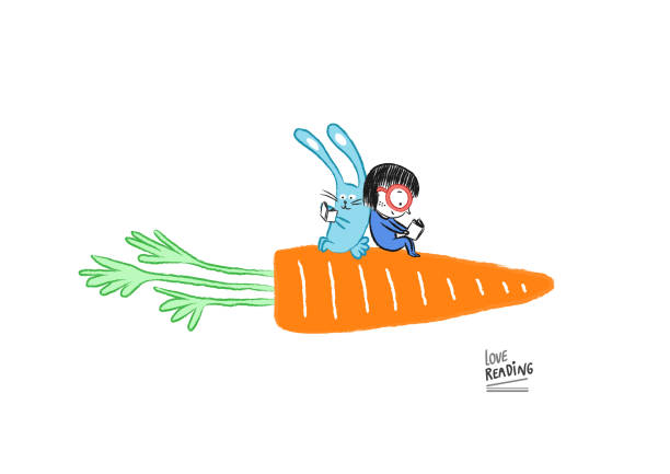 illustrations, cliparts, dessins animés et icônes de petite fille lisant avec un lapin sur une grande carotte, illustration vectorielle - légume volant
