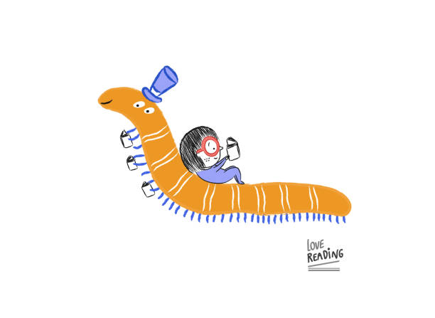 ilustrações de stock, clip art, desenhos animados e ícones de little girl reading with mr. worm, vector illustration - child reading