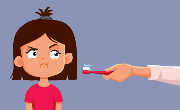 stockillustraties, clipart, cartoons en iconen met little girl refusing to brush her teeth vector cartoon illustration - star