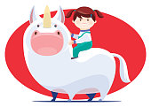 vector illustration of little girl riding on unicorn