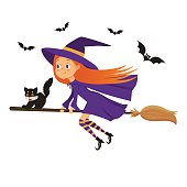 Halloween holiday. Cute little girl witch with a kitten flying on a broom. Cartoon halloween illustration on a white background