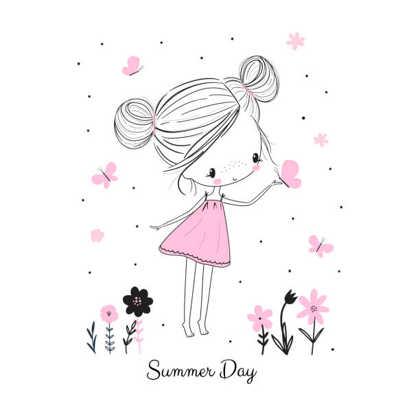 Little girl with butterflies and flowers. Doodle drawing vector illustration Little girl with butterflies and flowers in pink dress. Childish doodle drawing vector illustration. Use for girlish surface designs, fabric print, card, fashion kids wear, baby shower, wall art baby girls stock illustrations