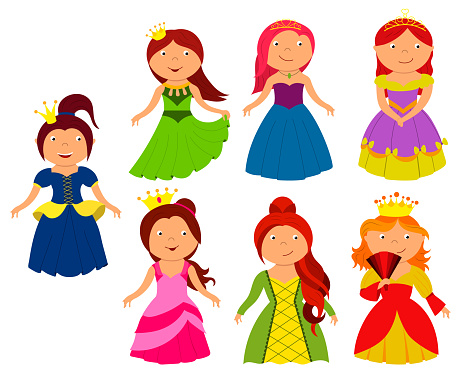 Little girls in a princess costume in a crown and a fancy dress. A set of cute kids dressed as royalty. vector
