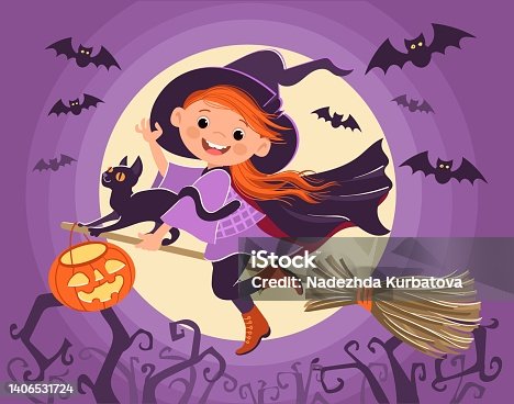 istock Little Halloween witch. Girl flying on broomstick with black cat and glowing pumpkin head. Full moon and bats. Young sorceress. Enchantress night flight. October holiday. Vector concept 1406531724
