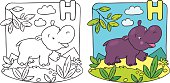 Coloring picture or coloring book of little funny hippo running down the road. Alphabet H