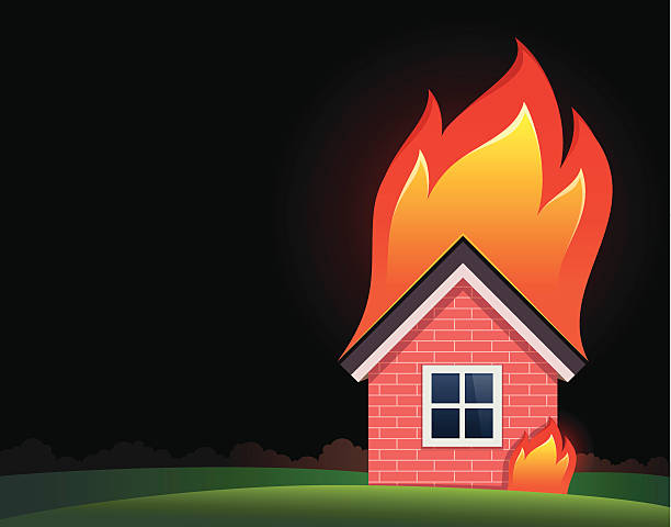 Little house engulfed in burning flame vector art illustration