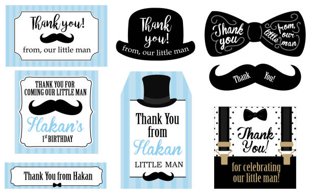 Little man birthday party ( Baby shower party) tags. Thank you favor card. Vector bow tie and suspenders. Black, blue, white - classic pattern. Set of design label (badge, sticker, frame) templates thank you kids stock illustrations