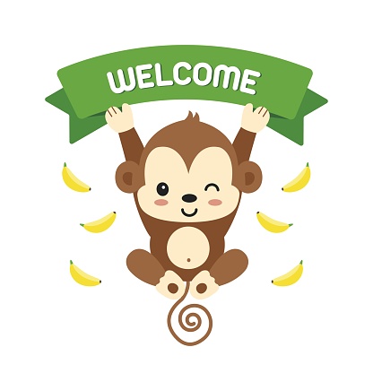 Little monkey and lettering welcome.Vector illustration.