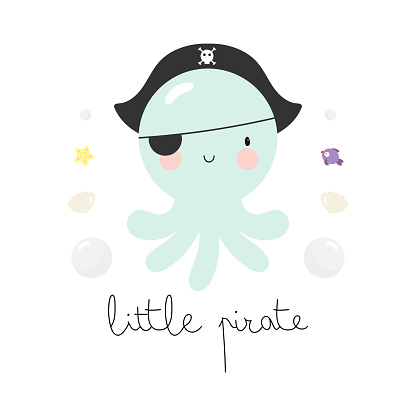 Little Octopus Pirate in cartoon style. Vector illustration. For kids stuff, card, posters, banners, children books, printing on the pack, printing on clothes, fabric, wallpaper, textile or dishes.