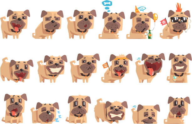 Little Pet Pug Dog Puppy With Collar Set Of Emoji Facial Expressions And Activities Cartoon Illustrations Little Pet Pug Dog Puppy With Collar Set Of Emoji Facial Expressions And Activities Cartoon Illustrations. Cute Small Animal Emoticons In Stylized Geometric Vector Design. headwear stock illustrations