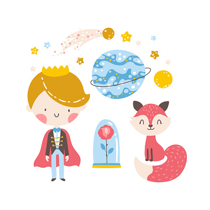 Little prince set with fox, rose and planets. Vector isolate on a white background in a simple hand-drawn cartoon style. The pastel palette is ideal for printing baby clothes.