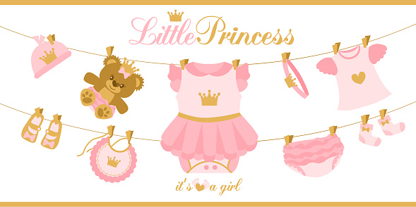 Little princess clothes hanging on line. Illustration for baby shower invitation card.