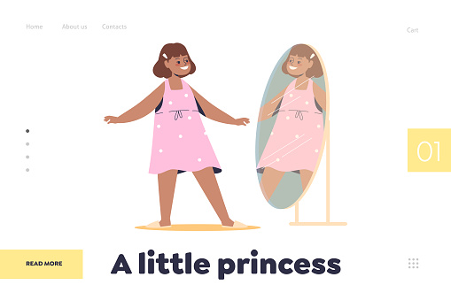 Little princess concept of landing page with happy girl in pink dress standing in front of mirror
